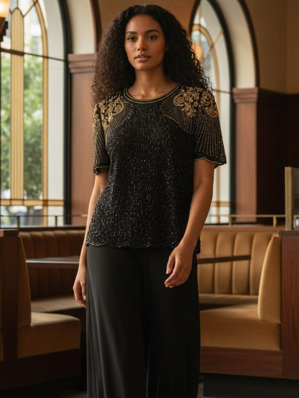 Praise Hymn Womens Small Black Gold Beaded Sequins Cocktail Party Formal Dress